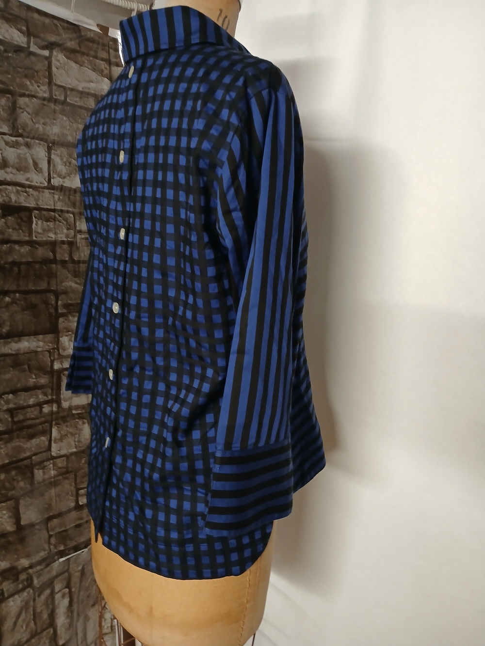 Hinson  Wu Striped Blue and Black Collared Women's Top - Picture 6 of 10